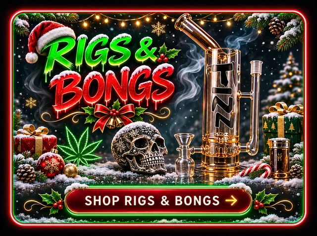 Rigs & Bongs — neon graffiti with a glass rig and skull