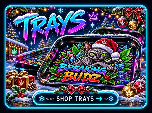 Trays — neon blue artwork with Breaking Budz rolling trays